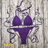 Purple crochet bikini set with tie straps on rustic wooden background