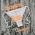 White crochet bikini thong bottom with measurement details on wood background, swimwear sizing