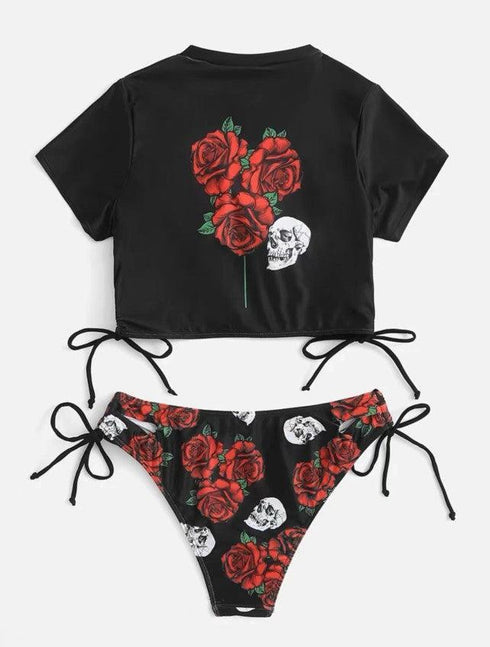 Rose Print Short Sleeve Bikini - MiamiTeenyWeenyBikini.Com