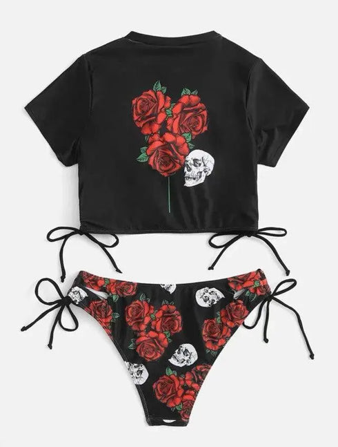 Rose Print Short Sleeve Bikini - MiamiTeenyWeenyBikini.Com