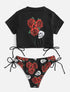 Rose Print Short Sleeve Bikini - MiamiTeenyWeenyBikini.Com