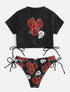 Rose Print Short Sleeve Bikini - MiamiTeenyWeenyBikini.Com