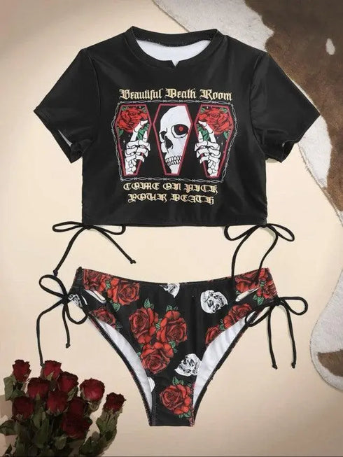 Rose Print Short Sleeve Bikini - MiamiTeenyWeenyBikini.Com