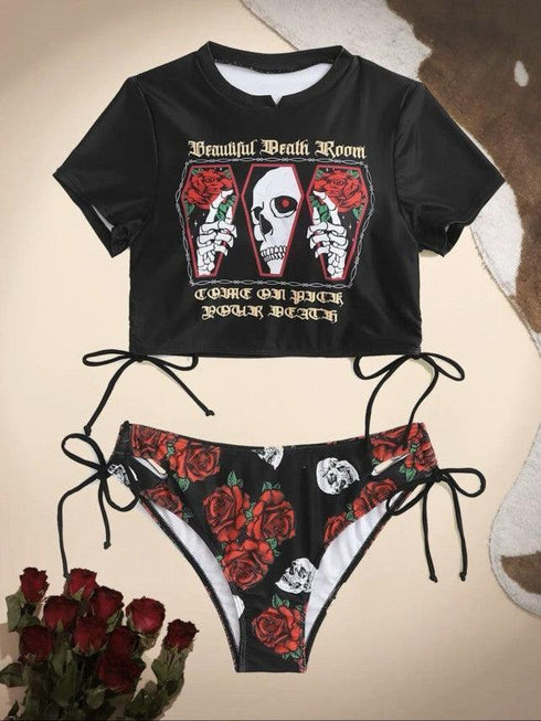 Rose Print Short Sleeve Bikini - MiamiTeenyWeenyBikini.Com