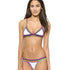 Woman in colorful crochet-trim bikini set, white background, swimwear fashion style.