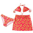 Women's floral bikini set with matching skirt in pink and yellow hibiscus print
