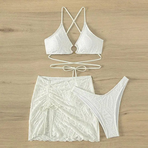 Desire Three Piece White Swimsuit - MiamiTeenyWeenyBikini.Com
