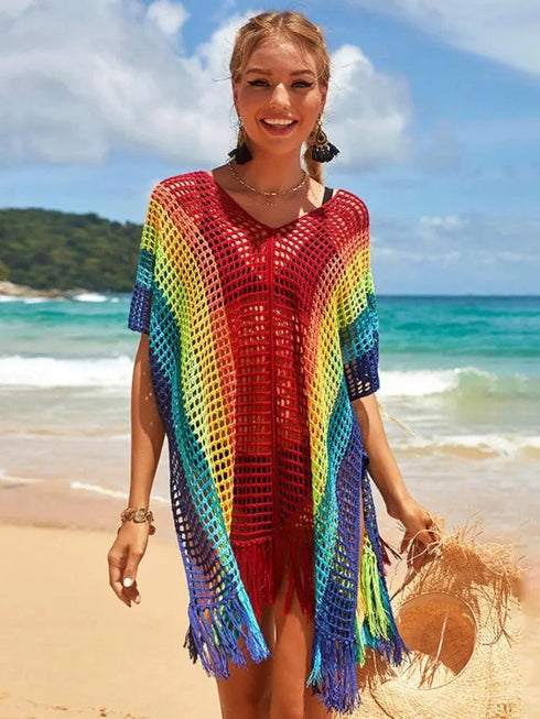 Rainbow Crochet Beach Cover Up - MiamiTeenyWeenyBikini.Com
