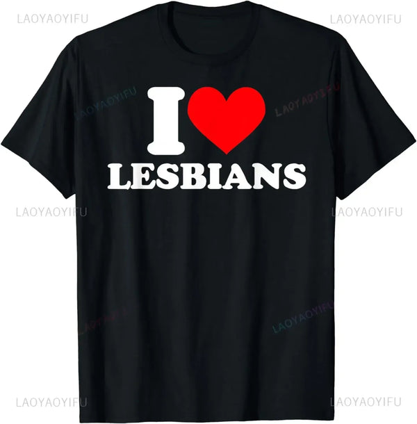 Black t-shirt with 'I ❤️ LESBIANS' text on a white background