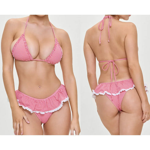 Lace-up Halter Neck Frill Trim Padded Bra + Thong Skirt Swimsuit - MiamiTeenyWeenyBikini.Com