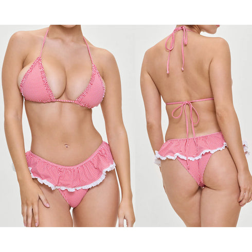 Lace-up Halter Neck Frill Trim Padded Bra + Thong Skirt Swimsuit - MiamiTeenyWeenyBikini.Com