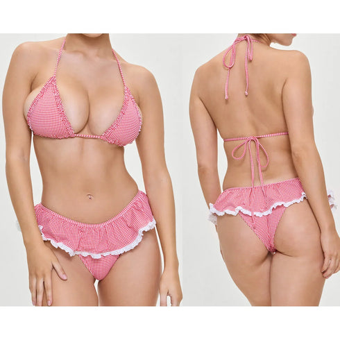 Lace-up Halter Neck Frill Trim Padded Bra + Thong Skirt Swimsuit - MiamiTeenyWeenyBikini.Com