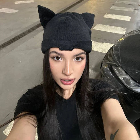 Cat's Ear Knitted Mask Cap - MiamiTeenyWeenyBikini.Com