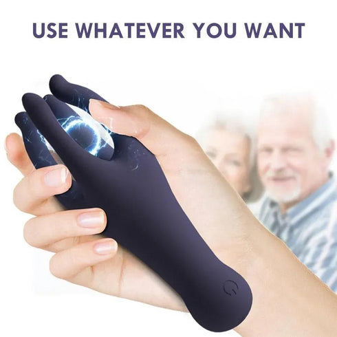 Close-up of a hand holding a dark silicone wearable with electric effects, text above, blurred couple in background.