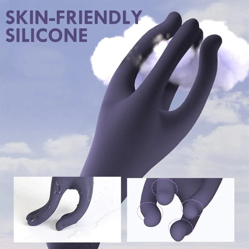 Purple silicone hand-shaped object with flexible fingers, sky background, skin-friendly material