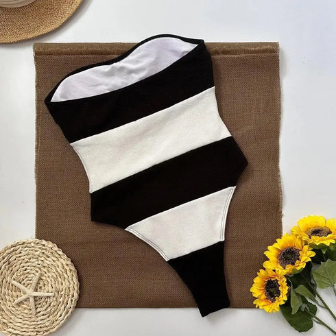 Stripe Strapless One Piece Swimsuit - MiamiTeenyWeenyBikini.Com