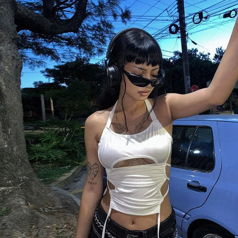 Sleeveless Bandage Halter Tank Top - MiamiTeenyWeenyBikini.Com