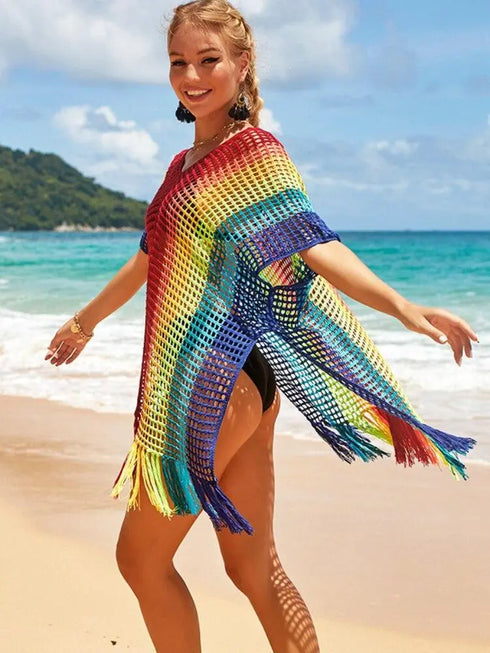 Rainbow Crochet Beach Cover Up - MiamiTeenyWeenyBikini.Com