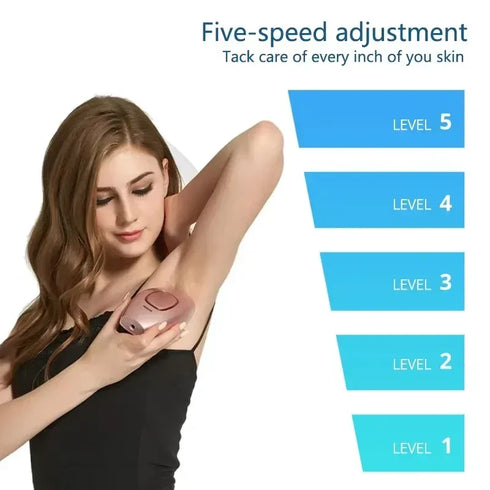 Woman using a hair removal device with five-speed adjustment levels displayed.