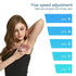 Woman using a hair removal device with five-speed adjustment levels displayed.