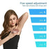 Woman using a hair removal device with five-speed adjustment levels displayed.