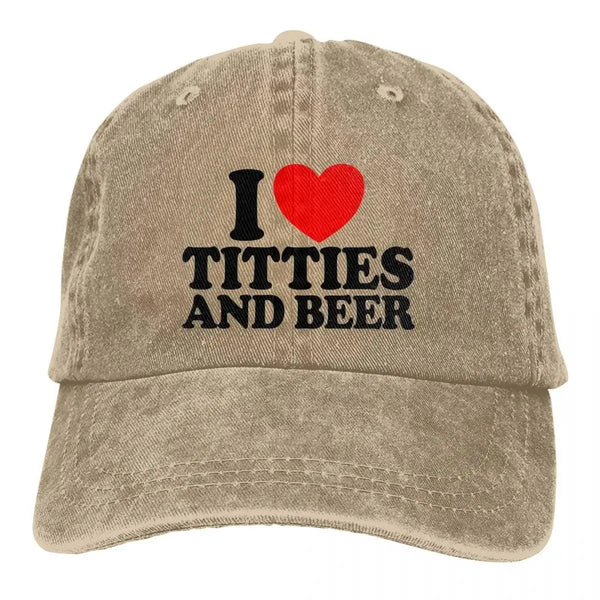 I Love Titties And Beer Denim Baseball Cap - MiamiTeenyWeenyBikini.Com