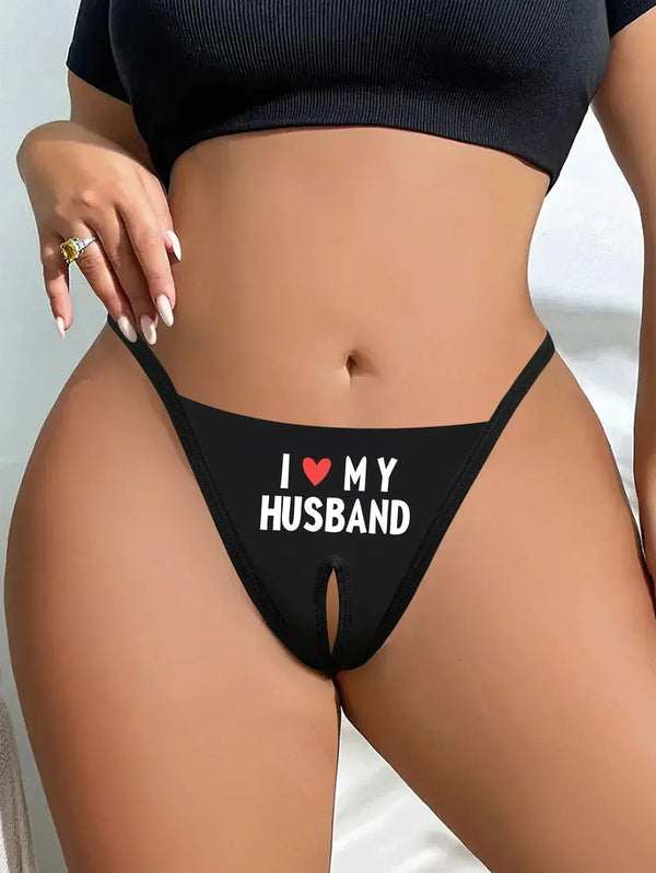Black thong with 'I ❤️ MY HUSBAND' text on a neutral background