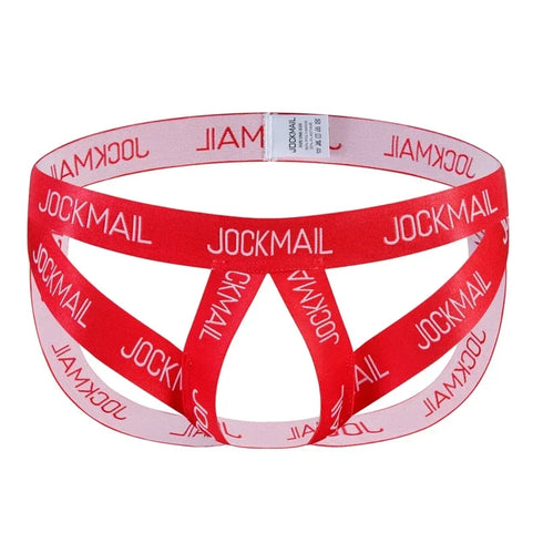 Red jockstrap with 'JOCKMAIL' branding on a white background
