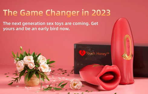 Red personal massager with floral arrangement and Touch Honey packaging on pink background
