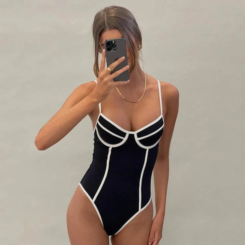 Black White One Piece Swimsuit - MiamiTeenyWeenyBikini.Com