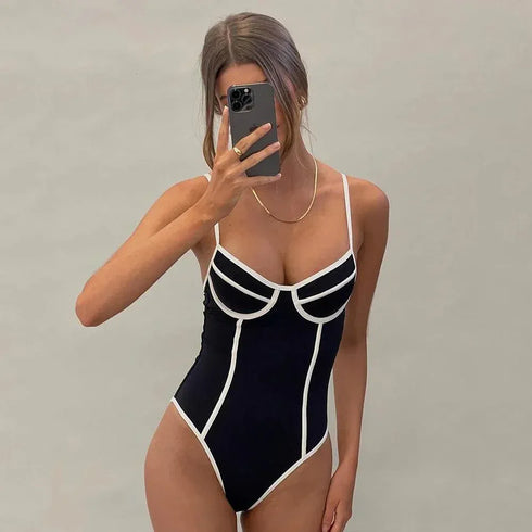 Black White One Piece Swimsuit - MiamiTeenyWeenyBikini.Com