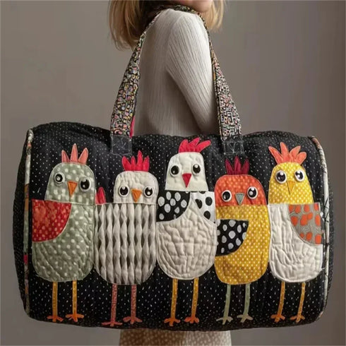GF Funny Art Chicken Print Quilted Duffle Bag Bohemian Style 2026 Personalized Custom Travel Tote Women Men Weekender Bag - MiamiTeenyWeenyBikini.Com