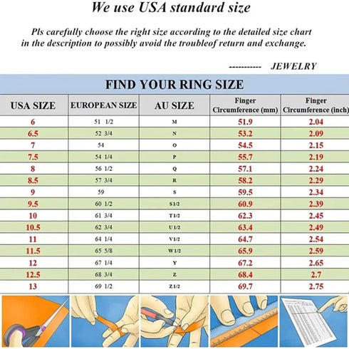 Ring size chart with measurements for various ring sizes.