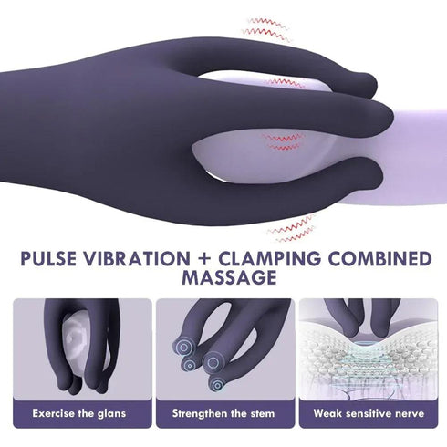 Illustration of a vibrating massage device with pulse vibration and clamping features, showing its application for targeted massage and sensitivity improvement.