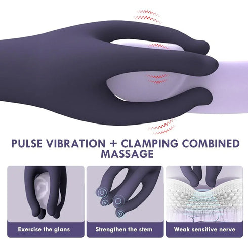 Illustration of a vibrating massage device with pulse vibration and clamping features, showing its application for targeted massage and sensitivity improvement.