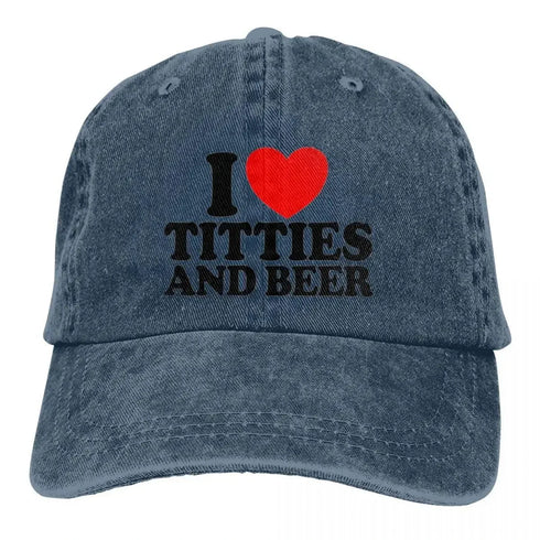 I Love Titties And Beer Denim Baseball Cap - MiamiTeenyWeenyBikini.Com