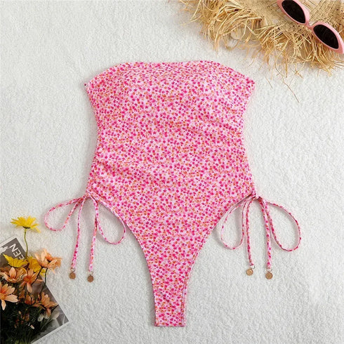 Floral Print Bandeau Top Swimwear - MiamiTeenyWeenyBikini.Com