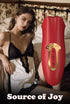 Woman in black and white lace lingerie on bed next to a red personal massager, Source of Joy text