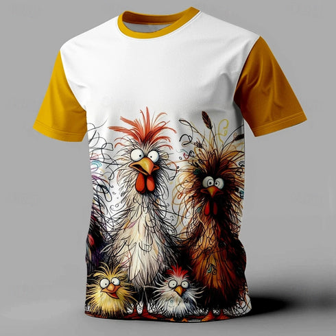 A short-sleeve ringer t-shirt with a white body and mustard yellow sleeves, featuring a detailed graphic print of four whimsical, messy-haired chickens on the front.