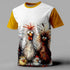 A short-sleeve ringer t-shirt with a white body and mustard yellow sleeves, featuring a detailed graphic print of four whimsical, messy-haired chickens on the front.