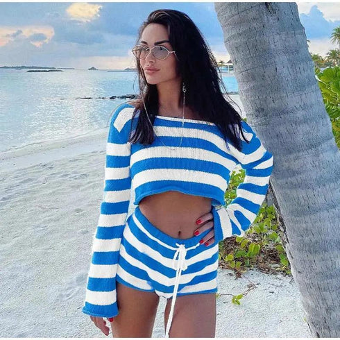 Knit Crop Top Shorts Sets - MiamiTeenyWeenyBikini.Com