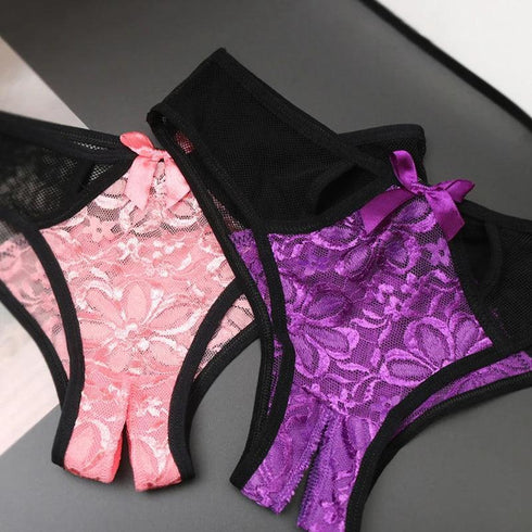 Floral Lace Open Crotch Panties - MiamiTeenyWeenyBikini.Com