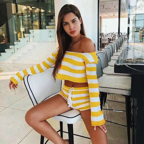 Knit Crop Top Shorts Sets - MiamiTeenyWeenyBikini.Com