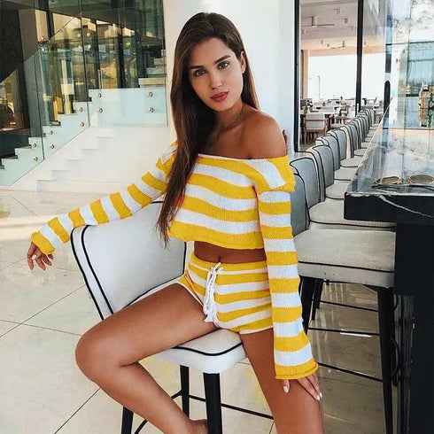 Knit Crop Top Shorts Sets - MiamiTeenyWeenyBikini.Com
