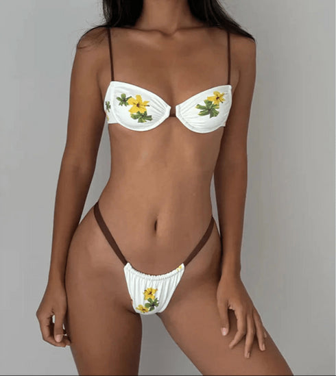 Flower Print Thong Bikini Set
