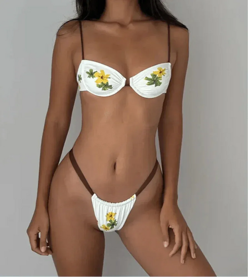 Flower Print Thong Bikini Set - MiamiTeenyWeenyBikin.Com