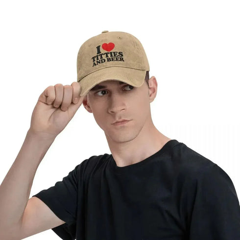 I Love Titties And Beer Denim Baseball Cap - MiamiTeenyWeenyBikini.Com