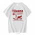 White t-shirt with red graphic design featuring text and a donkey on a white background