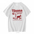 White t-shirt with red graphic design featuring text and a donkey on a white background