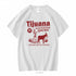 White t-shirt with red graphic design featuring text and a donkey on a white background